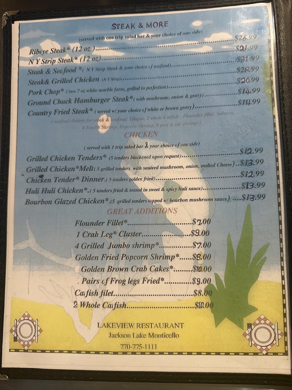 American dishes listed on a restaurant menu