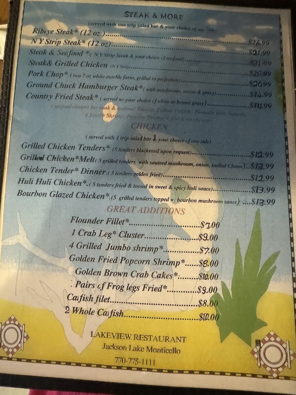 Printed menu with sandwiches and side orders