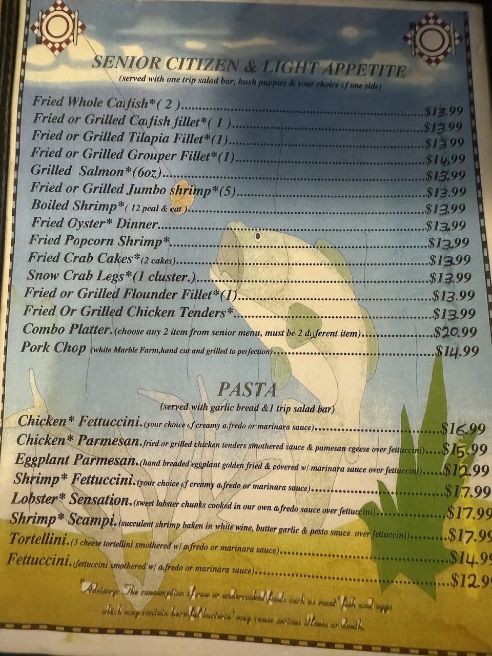 Restaurant menu showing catfish and shrimp