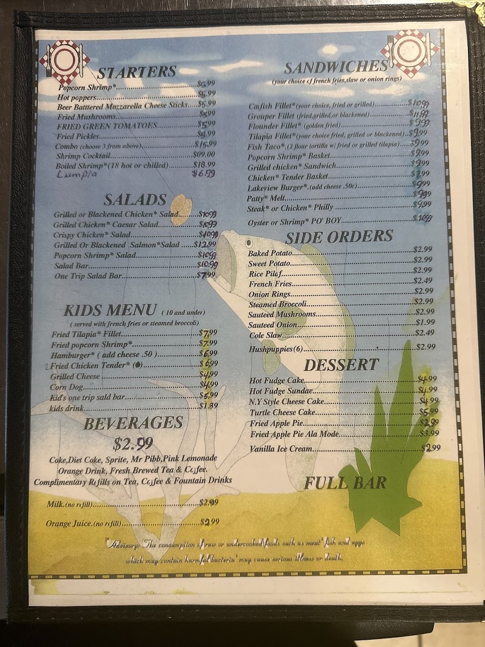 Menu page with starters and salads